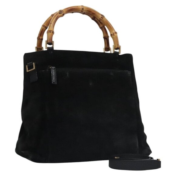 GUCCI Bamboo Hand Bag Suede Leather 2way Black Gold 002 2122 0508 Auth th5737 - Picture 1 of 16